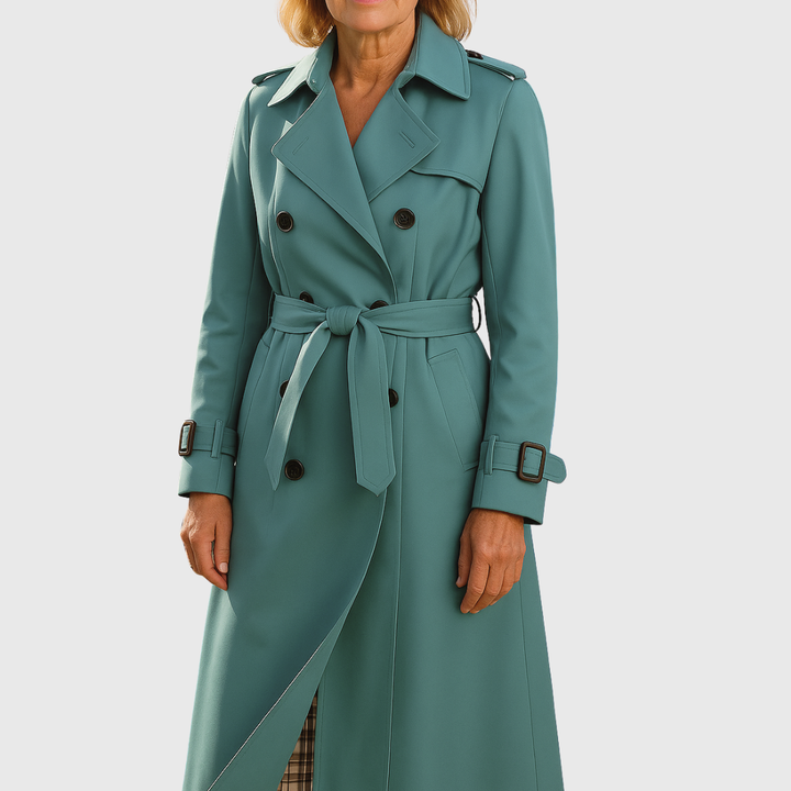 Water-resistant women's trench coat, durable fabric, belted double-breasted design for classic style.