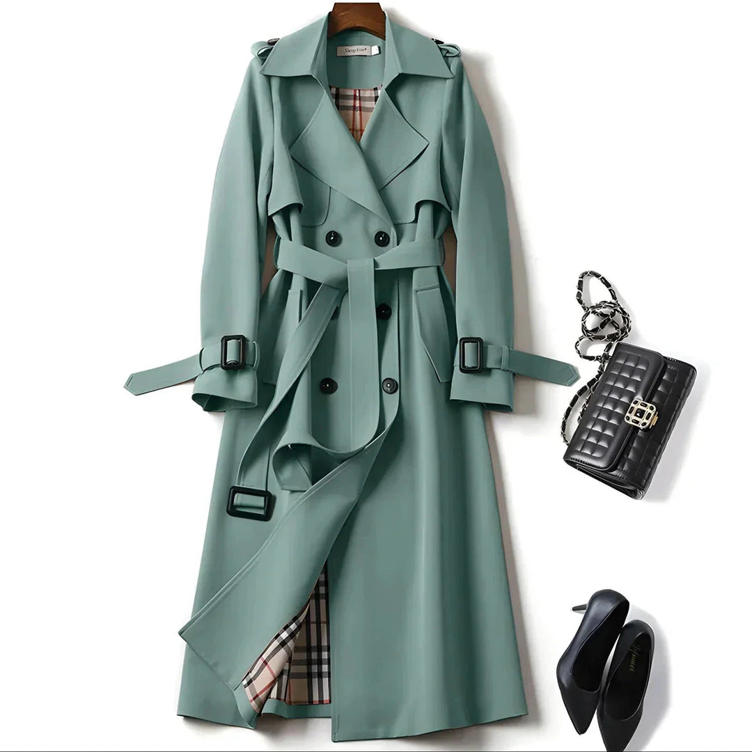 Classic style women's trench coat, elegant long jacket, belted & double-breasted, water-resistant protection.