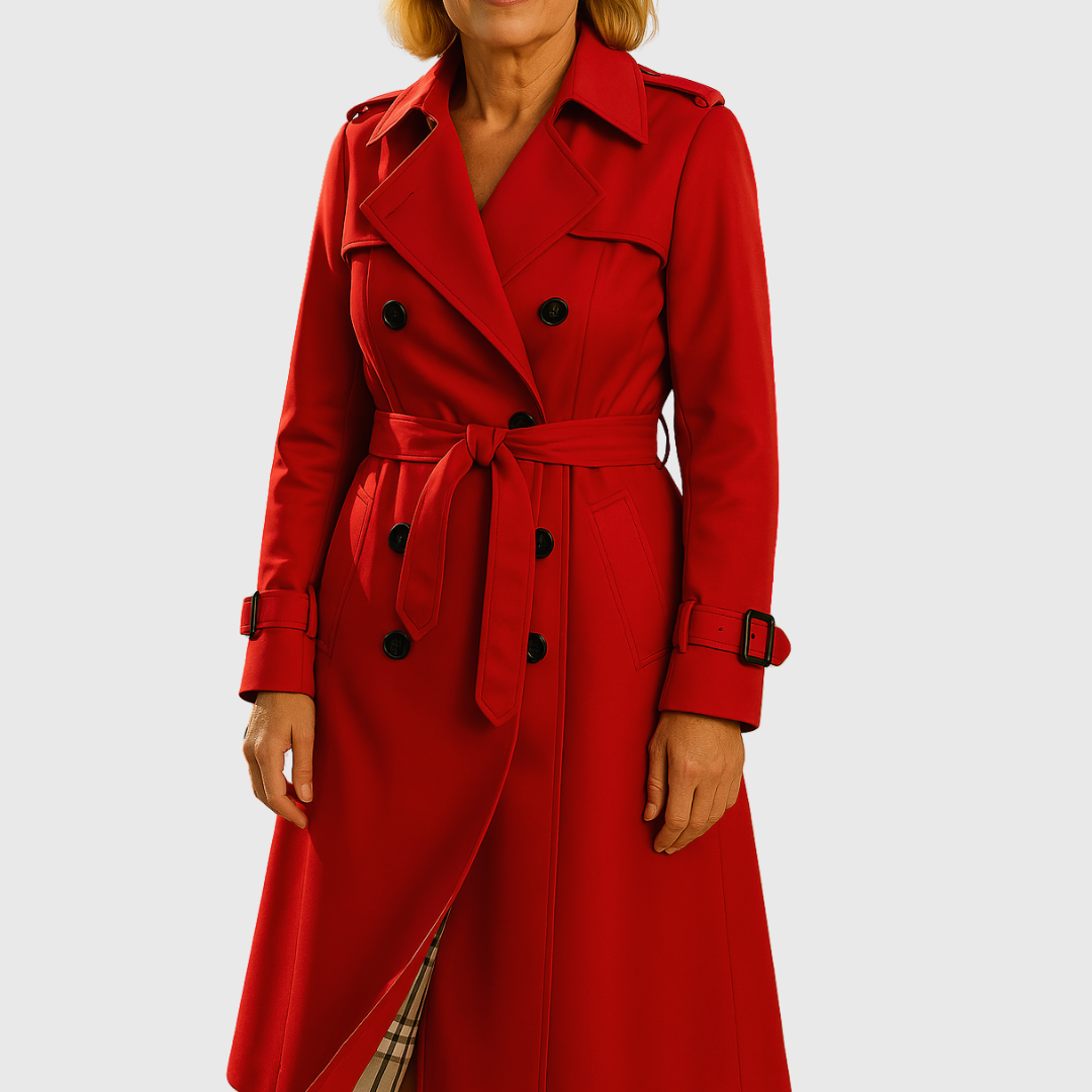 Close-up of double-breasted buttons & collar on a women's water-resistant trench coat, belted detail.