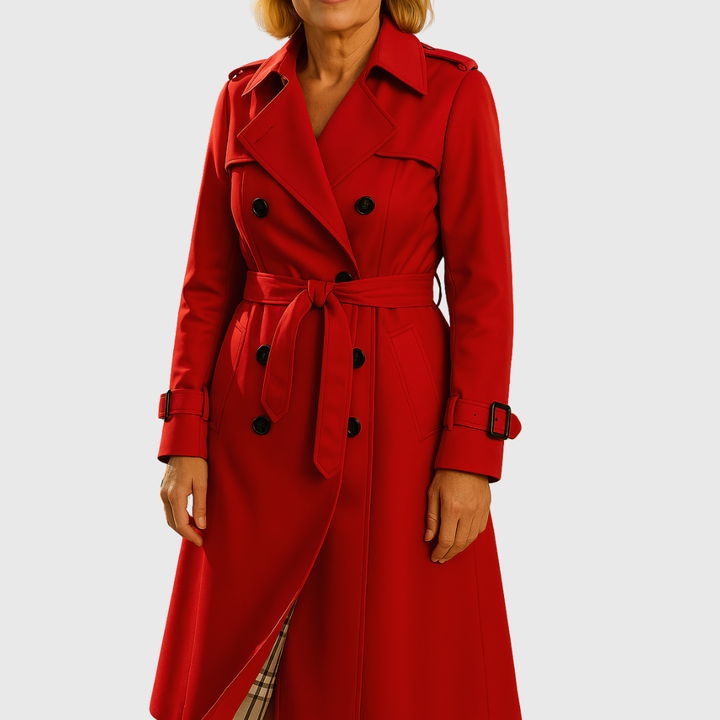 Close-up of double-breasted buttons & collar on a women's water-resistant trench coat, belted detail.