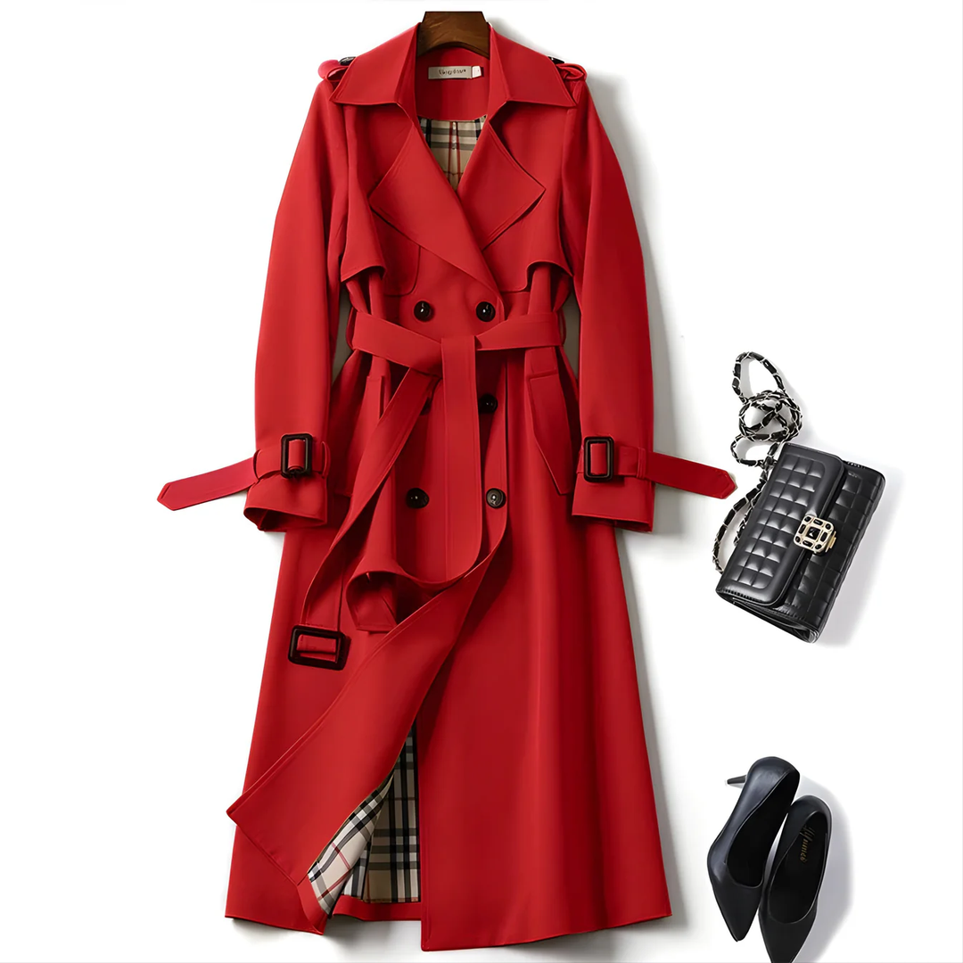 Belted waist of a women's water-resistant trench coat, showcasing elegant classic style and fit.