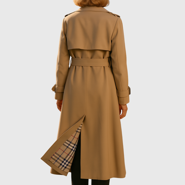 Khaki belted trench coat for women, elegant and water-resistant, perfect for everyday fall fashion.