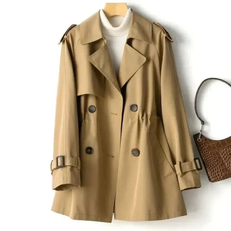 Elegant women's long belted trench coat, double-breasted outerwear. Perfect for office & versatile styling.