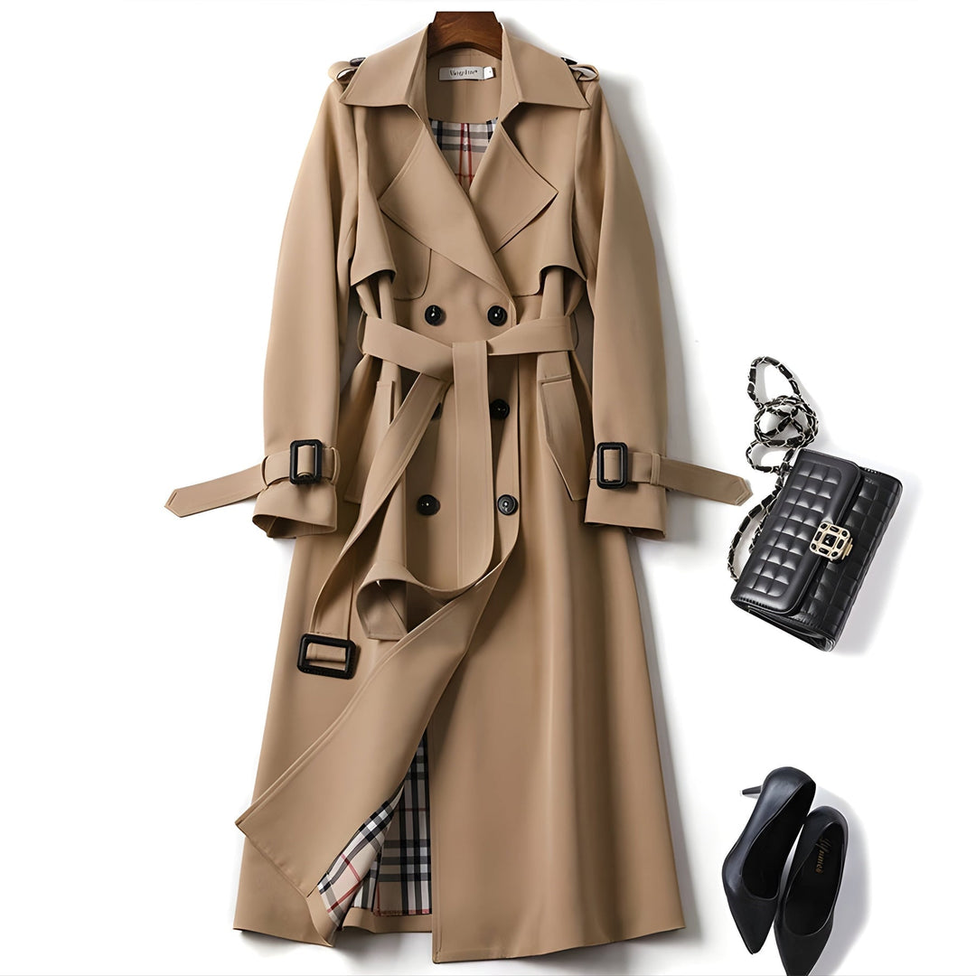 Gray women's double-breasted trench coat, classic long jacket style, water-resistant for spring.