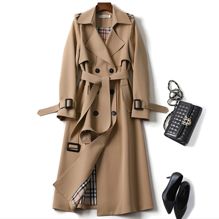 Gray women's double-breasted trench coat, classic long jacket style, water-resistant for spring.