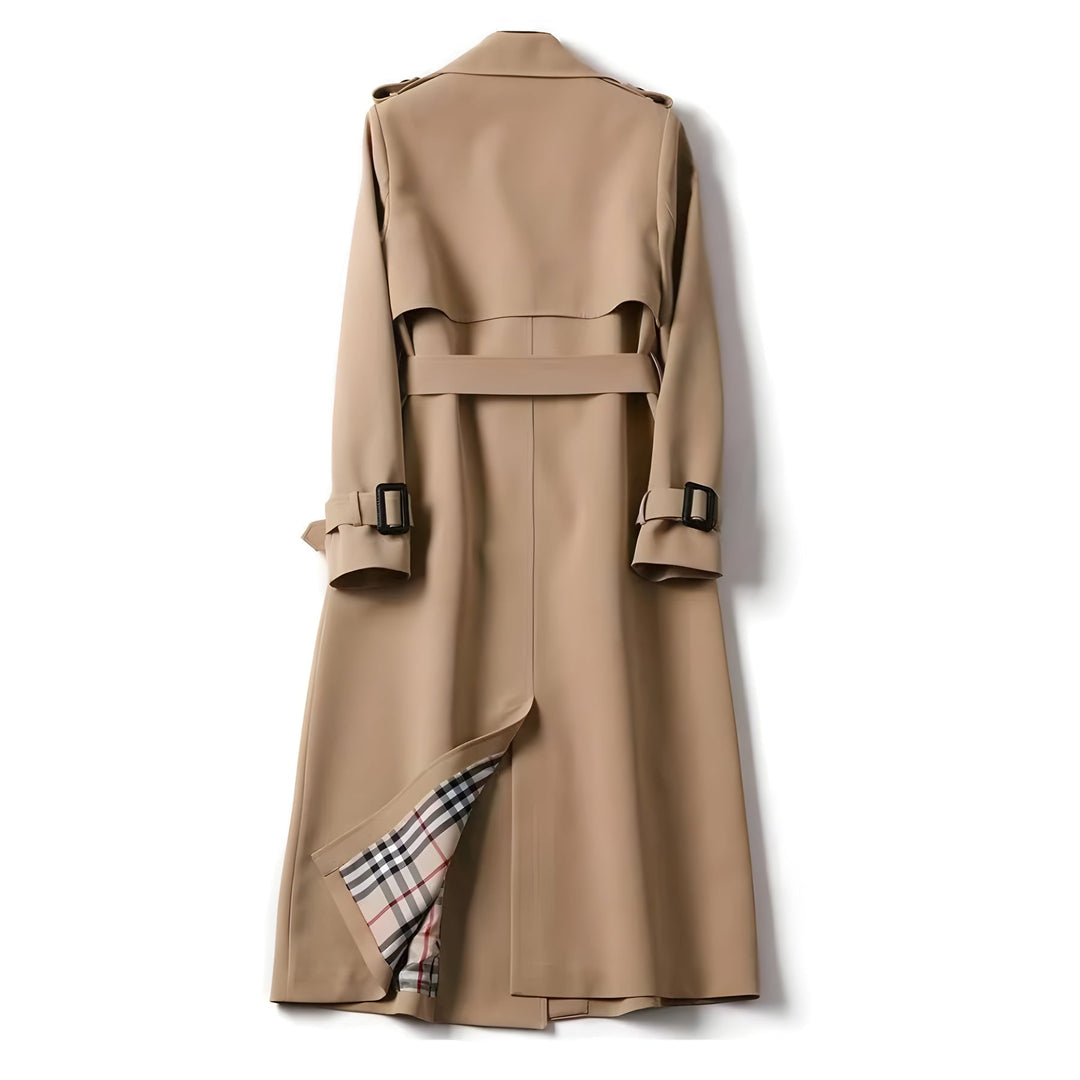 Black elegant women's trench coat, belted and double-breasted, water-resistant everyday outerwear.