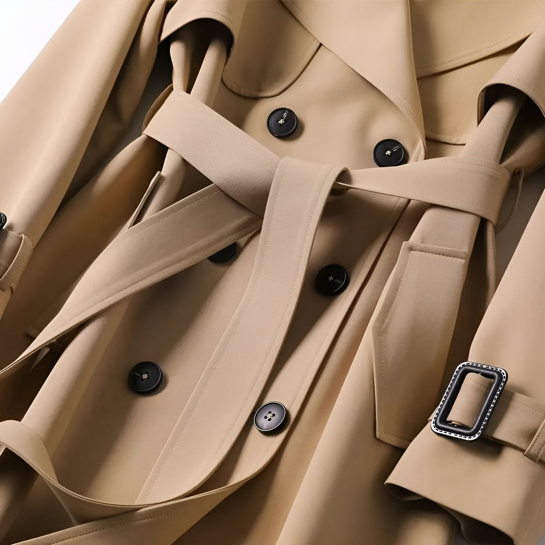 Vibrant red women's belted trench coat, water-resistant and double-breasted, stylish fall fashion.
