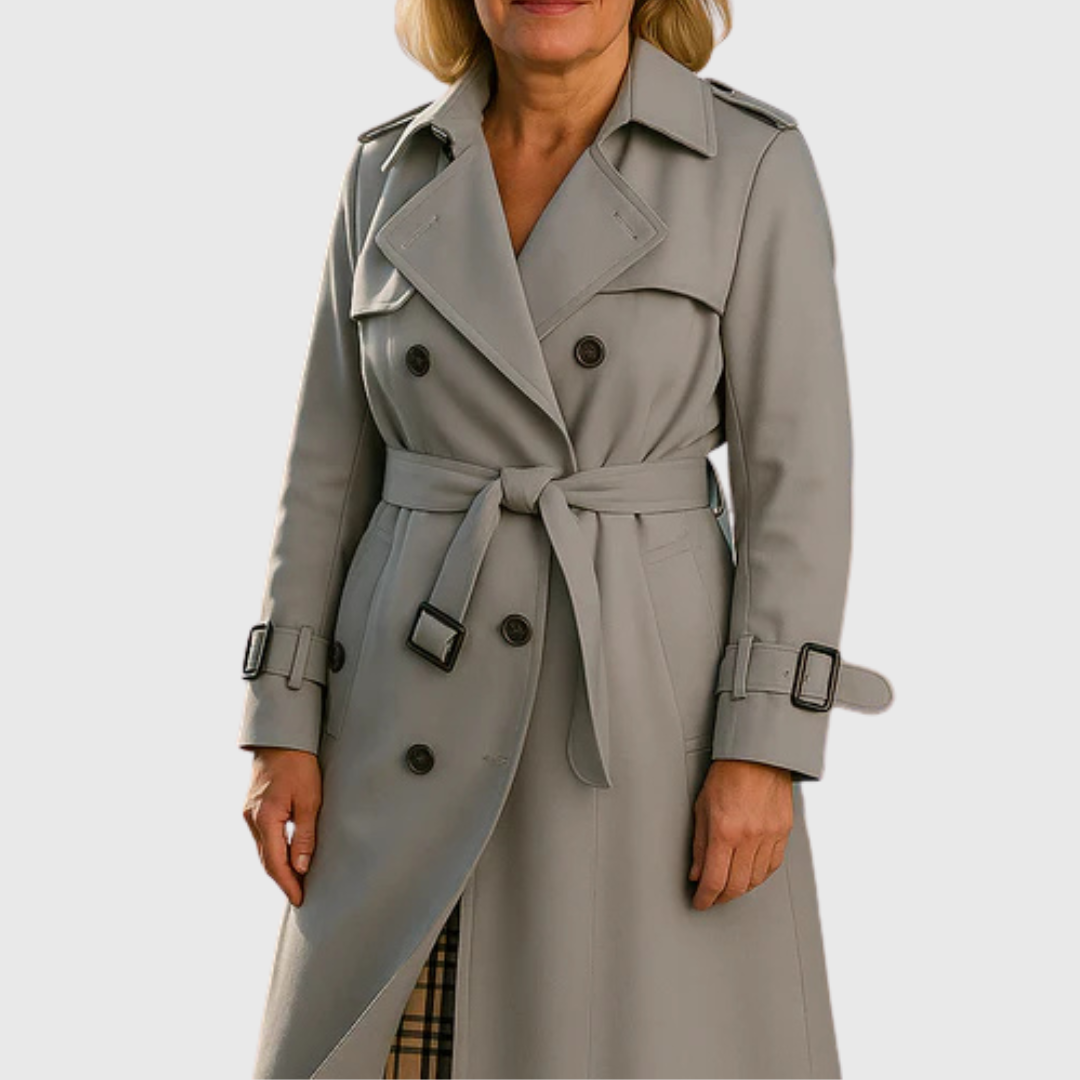 Forest green women's trench coat, classic belted long jacket, water-resistant for spring elegance.