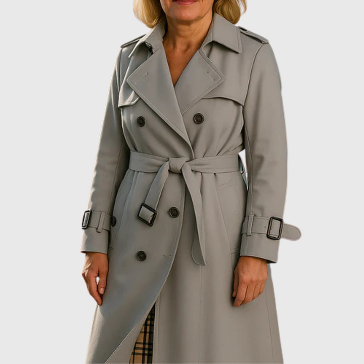 Forest green women's trench coat, classic belted long jacket, water-resistant for spring elegance.