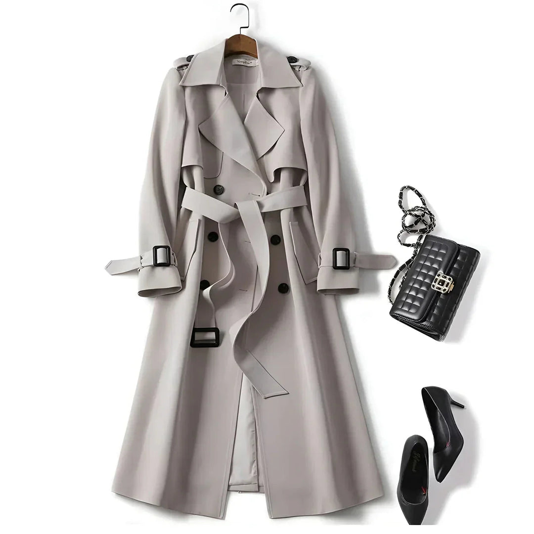 Stylish women's belted trench coat, double-breasted design, water-resistant for versatile outerwear.