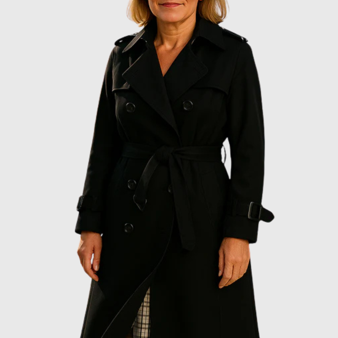 Double-breasted women's trench coat, water-resistant and elegant, a classic long jacket for all seasons.