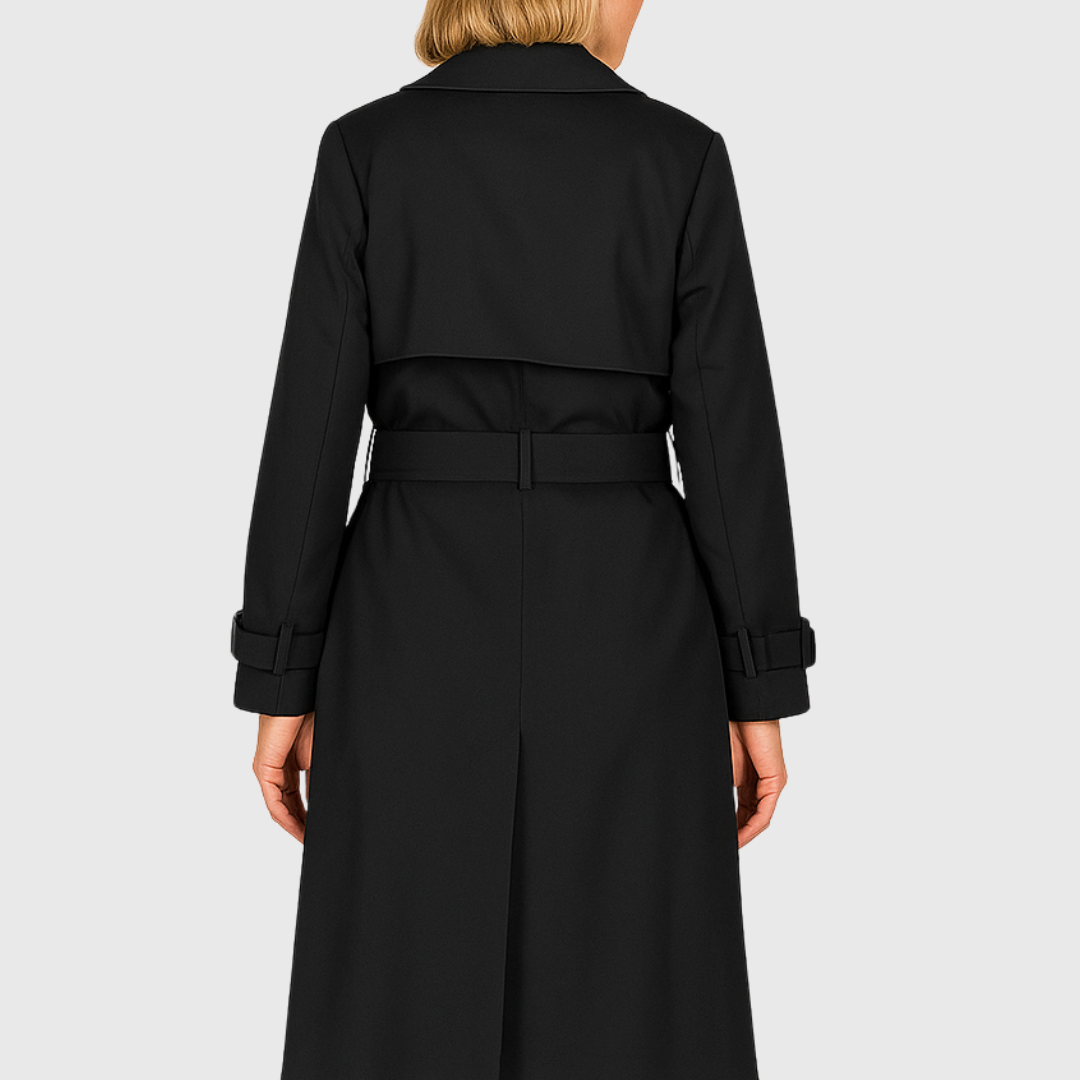Water-resistant women's trench coat, ideal everyday outerwear, belted and double-breasted for classic style.