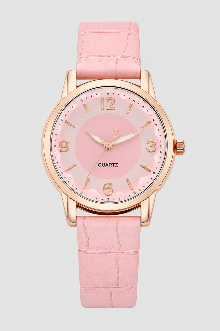Elegant women's wrist watch with a classic minimalist dial and a chic embossed strap, a perfect fashion accessory.