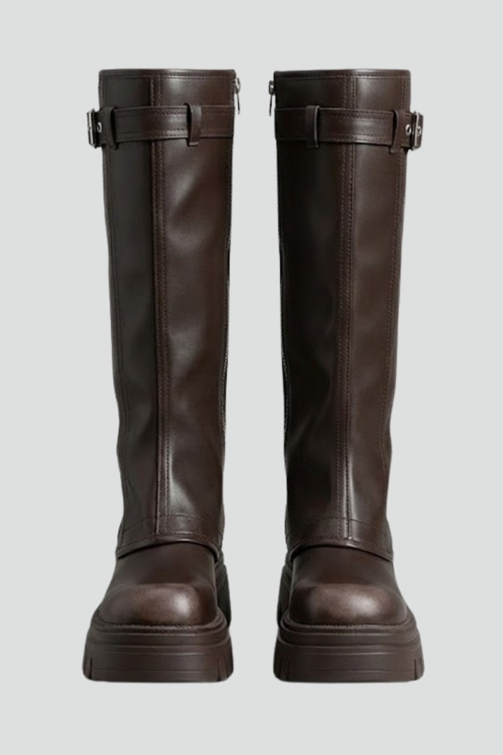 Women's classic knee-high platform boots, round toe, side zipper, chic style, perfect for autumn/winter fashion.