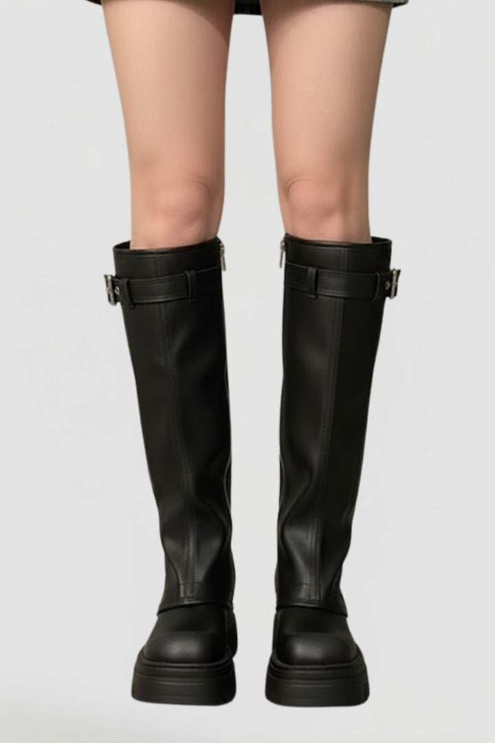 Classic women's knee-high platform boots, modern round toe design, side zipper. Elevated style for fall & winter.