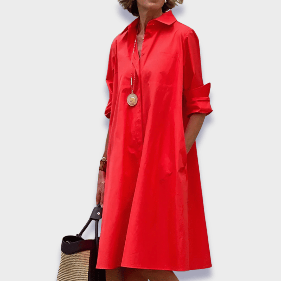 Women's classic red midi polo dress, offering effortless style & comfort for casual summer everyday wear.