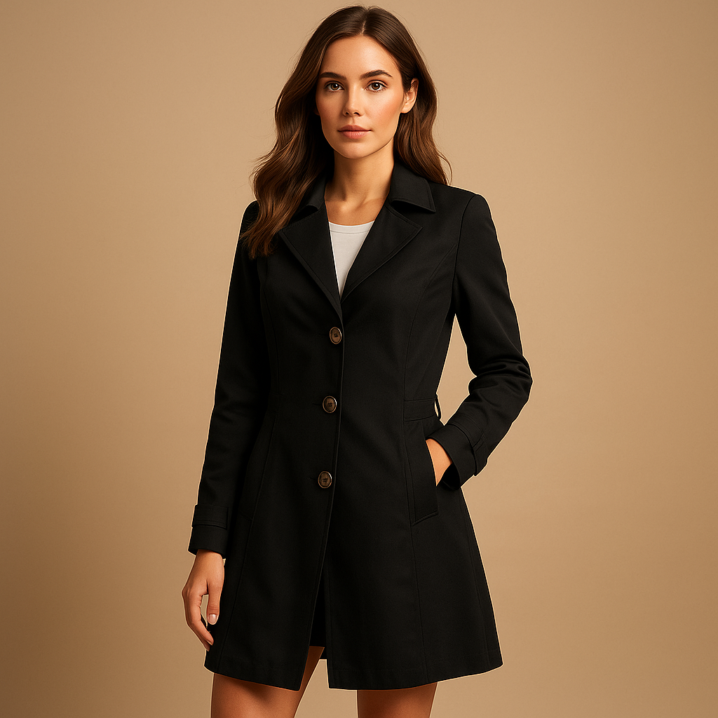 Women's classic structured trench coat with button closure, elegant for office style & professional attire.