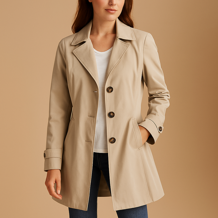 Versatile women's long structured trench coat with classic button closure, ideal outerwear for spring & fall.