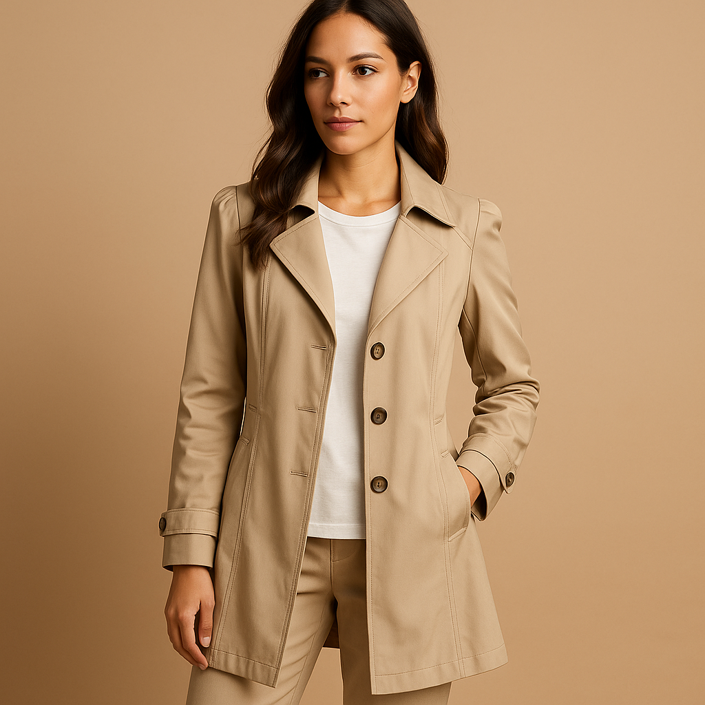 Elegant women's structured trench coat featuring classic button closure. Perfect for sophisticated workwear & daily style.