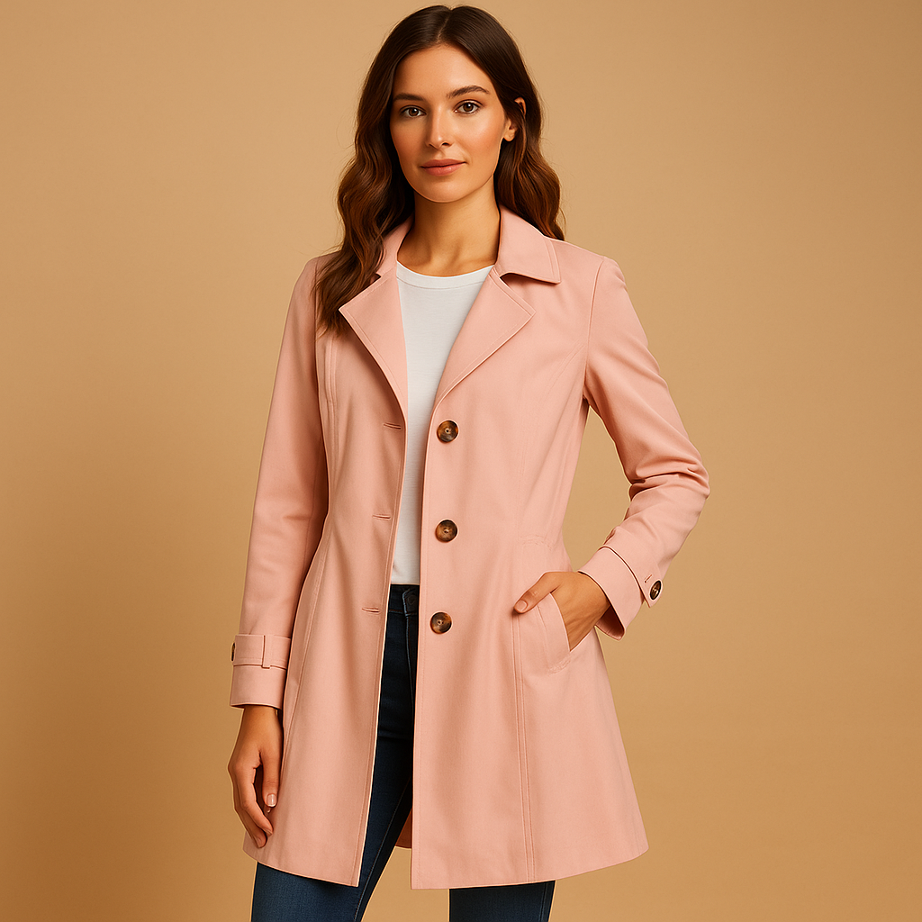 Stylish women's structured trench coat, a classic button-closure outerwear for professional office and elegant daily wear.