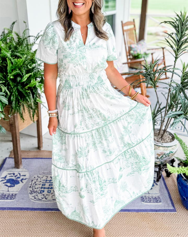 Women's classic Toile long dress for spring & summer. V-neck, smocked waist, tiered skirt, elegant.