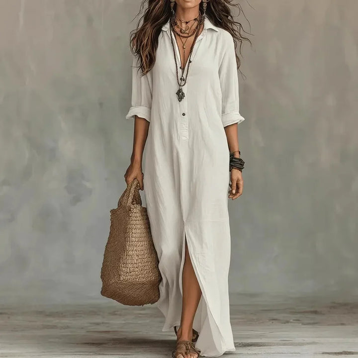 Women's collared button-front maxi dress, ideal for casual spring/summer style. Relaxed, comfortable, versatile day dress.