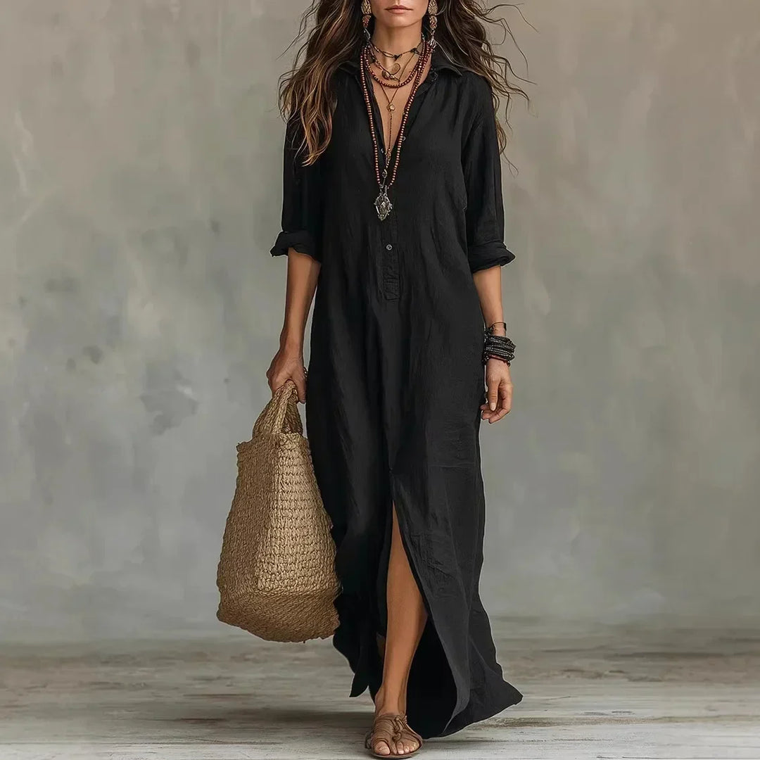 Comfortable women's maxi dress with classic collar, full button closure & stylish split hem. Effortless day wear.