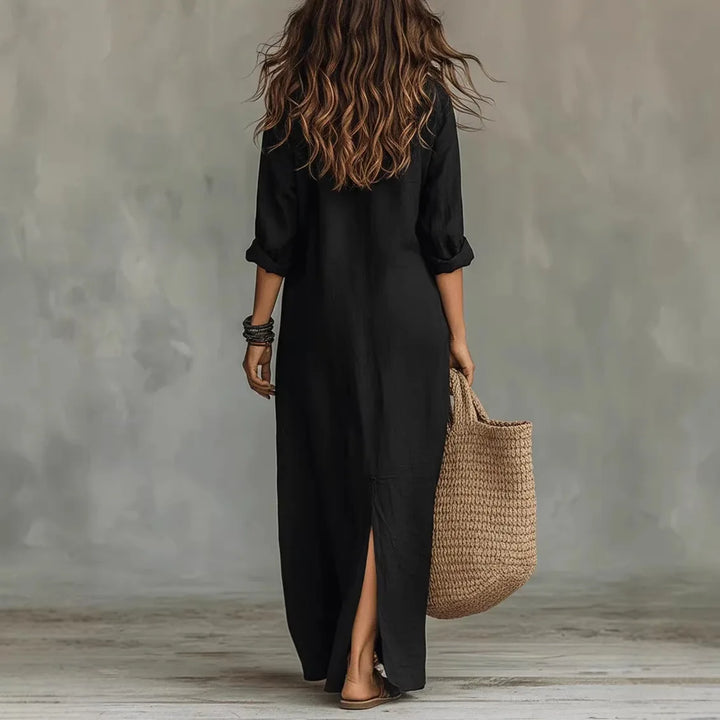 Effortless women's summer maxi dress featuring a chic collar & full buttons. Relaxed fit, perfect for warm weather comfort.