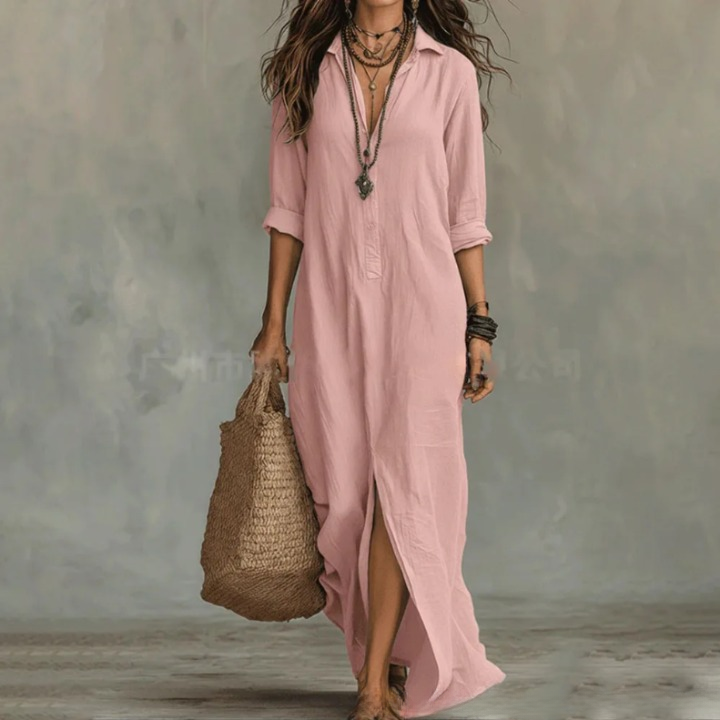 Versatile women's collared button maxi dress. Casual elegance for spring fashion. Relaxed fit, flowy, and comfortable.