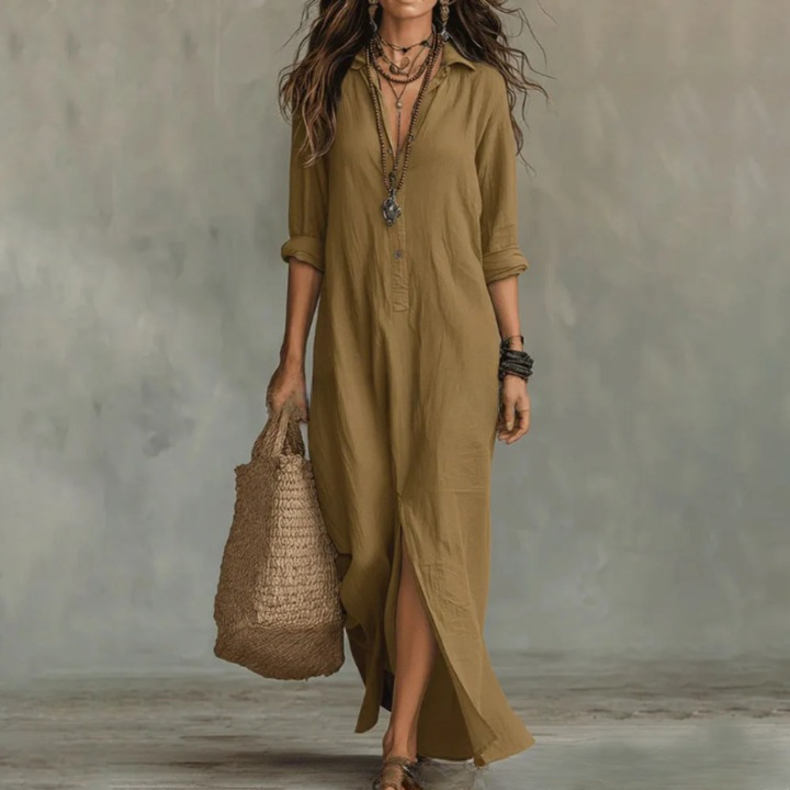 Stylish women's collared button maxi dress, offering a relaxed fit and easy style. Great comfortable casual day dress.