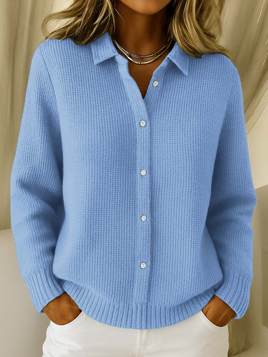 Women's collared button-up knit cardigan sweater, perfect for elegant casual layering.