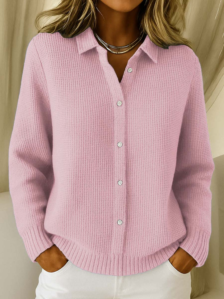 Versatile women's knit cardigan sweater with collar, styled for everyday fashion and comfortable layering.
