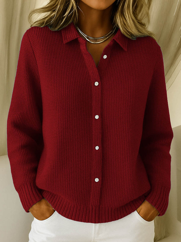 Casual women's button-up collared knit cardigan sweater, ideal for versatile everyday wear.
