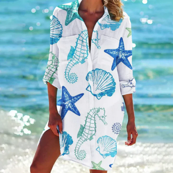 Stylish women's summer mini dress, short & flowy, featuring a fashionable collar and button details.