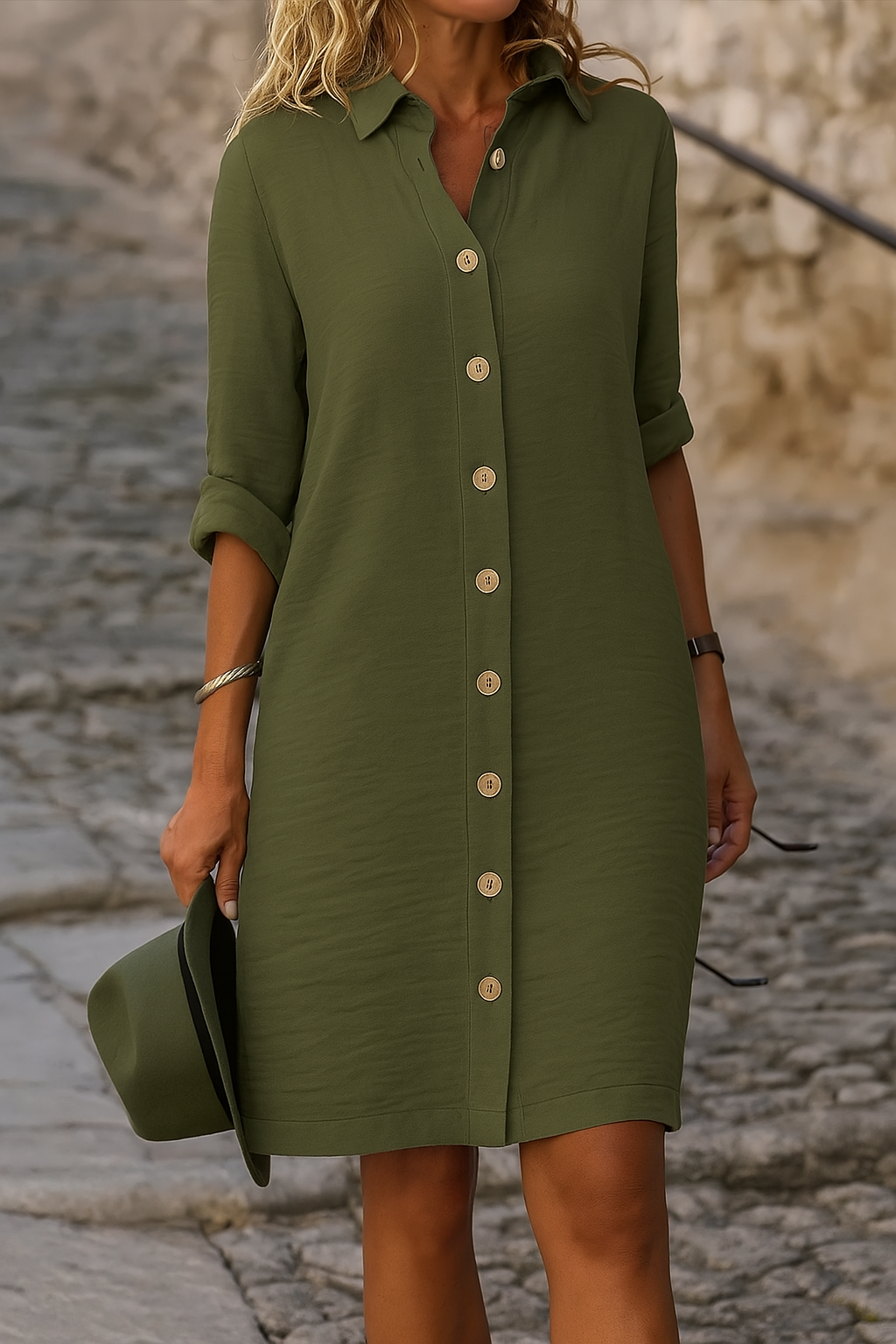 Comfortable women's vacation dress, collared, button front, roll-tab sleeves, summer-ready style.
