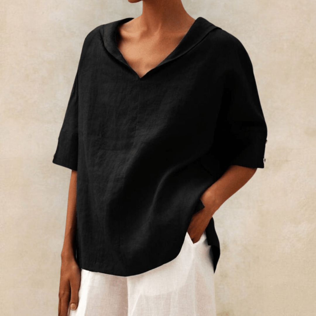 Comfortable women's long tunic top with V-neck & collar. Relaxed fit, versatile casual wear, plus size options.