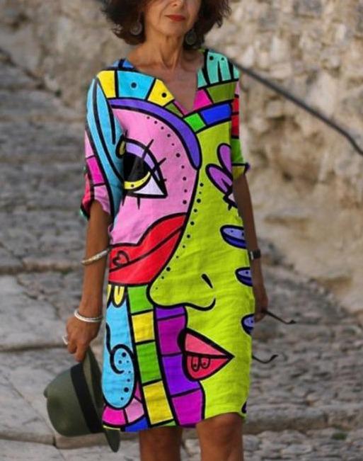 Women's colorful abstract art print V-neck midi dress, perfect for summer, casual, or holiday wear.