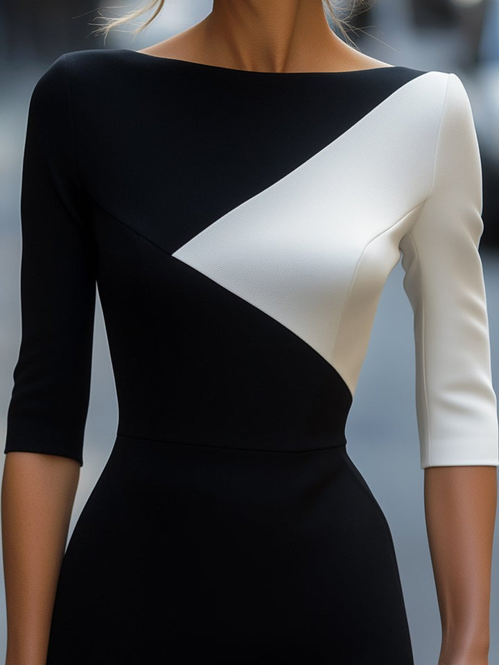Chic colourblock bodycon midi dress for women. Fitted and elegant, ideal for sophisticated workwear or evening events.