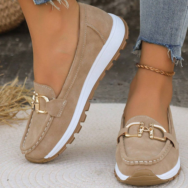 Women's comfort loafers with a chic gold buckle, perfect for everyday style & versatile office wear.