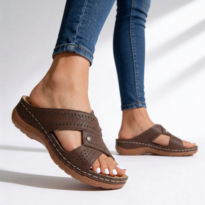 Women's comfort wedge sandals with crossover peep toe design, perfect slip-ons for summer casual wear.