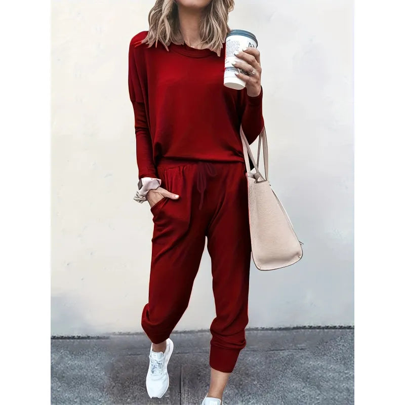 Soft women's crew neck jogger set, ideal matching loungewear for ultimate comfort and casual style.