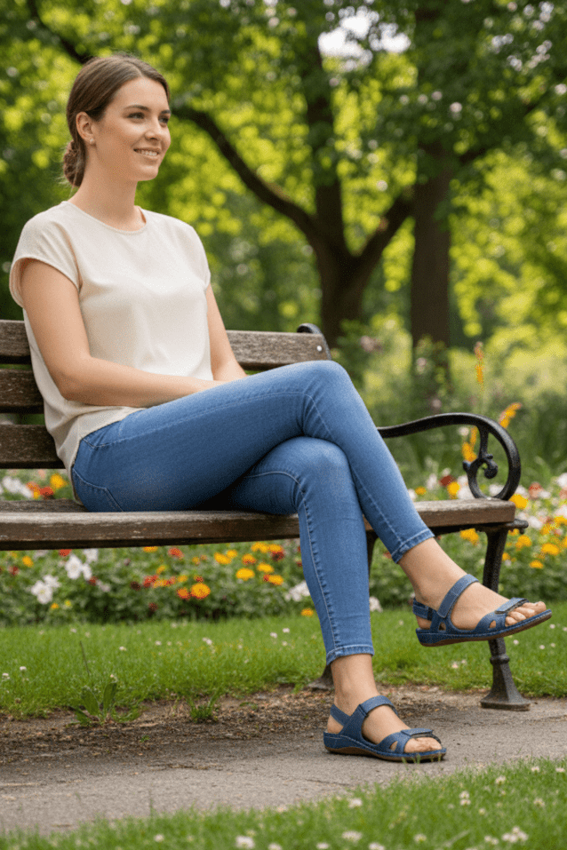 Top view: Tan women's everyday walking sandals with cushioned footbed for superior comfort & support.