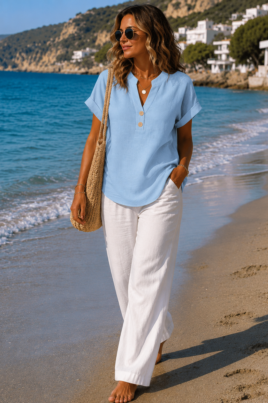 Lightweight women's button detail top. Comfortable and versatile for daily wear, travel, or fashion.