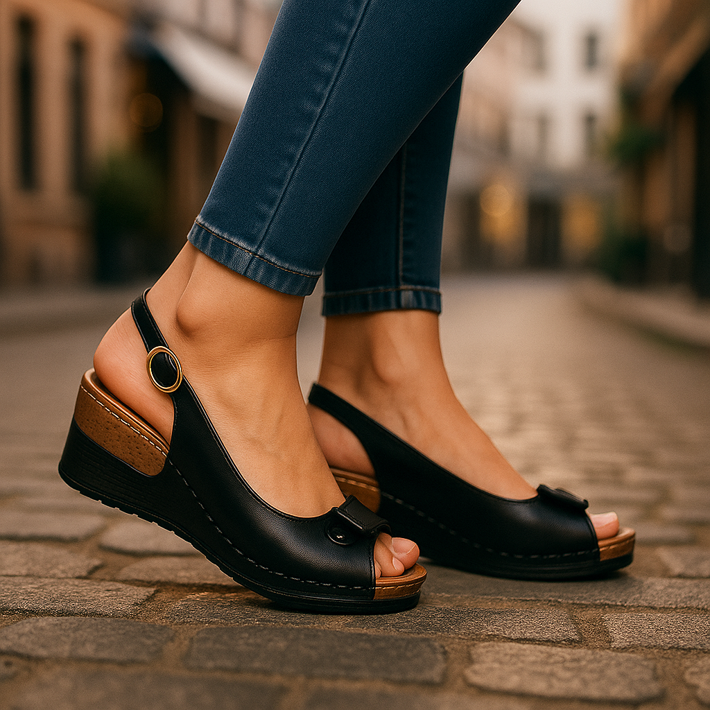 Low wedge peep toe sandals for women, featuring a comfortable slingback design for easy summer wear.