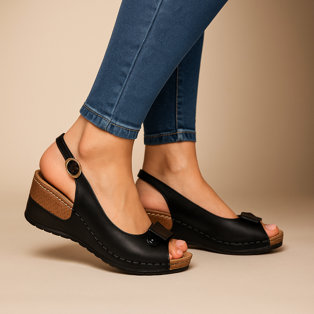 Women's summer wedge sandals with peep toe and adjustable slingback. Comfortable and versatile casual footwear.