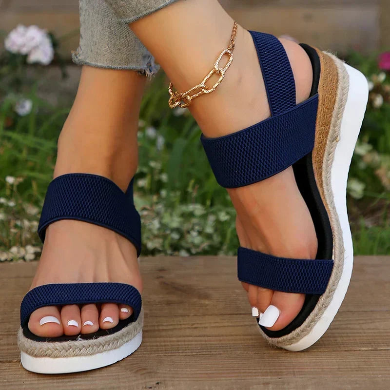 Back view: Stylish orthopedic platform sandals for women, designed for comfortable support and summer fashion.