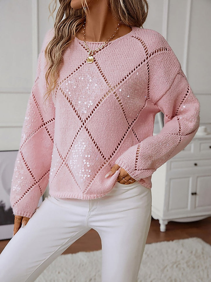 Women's comfortable sequin sweater, long sleeve with diamond sparkle & a relaxed crew neck fit. Ideal party wear.