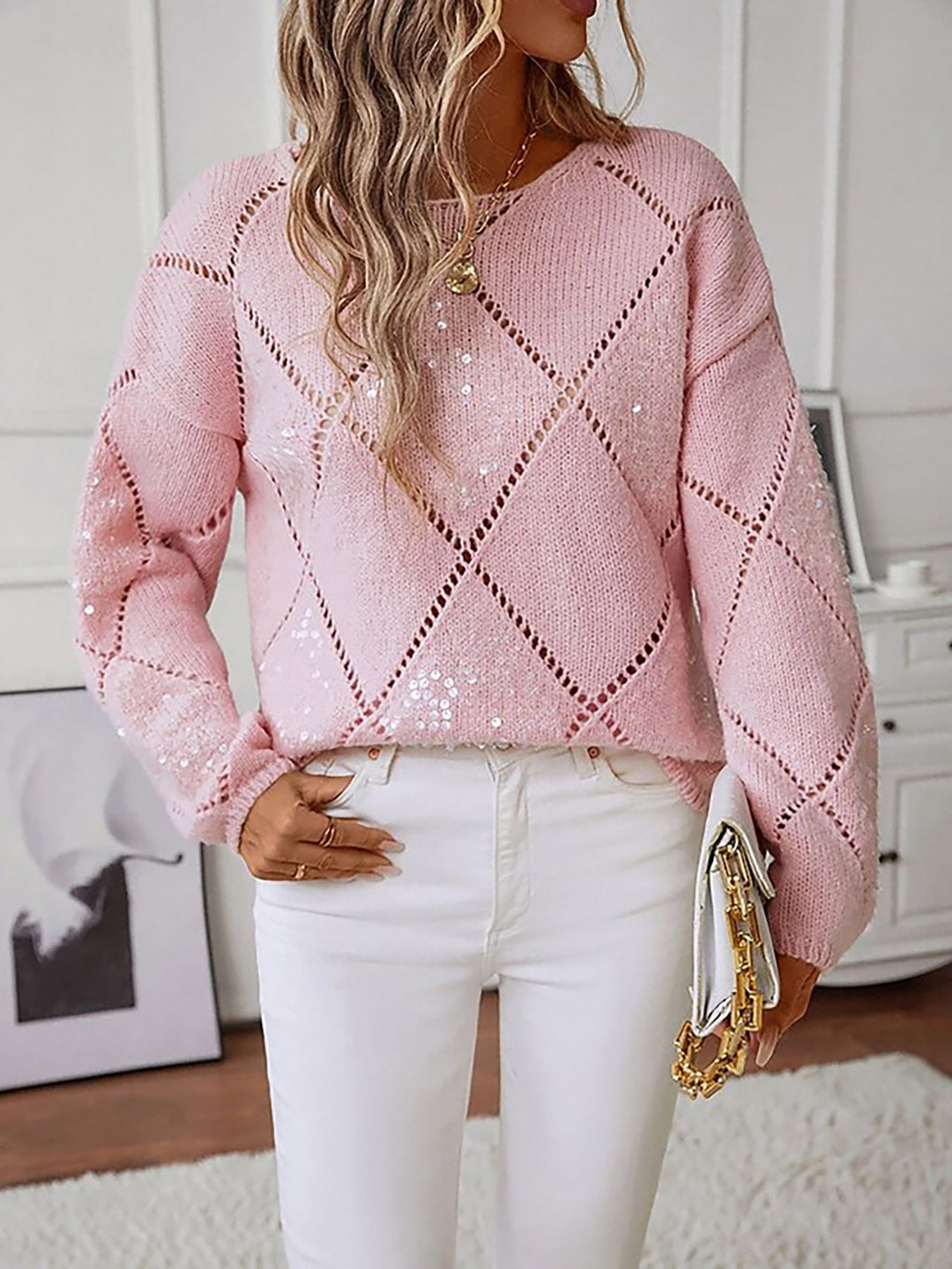 Versatile women's sequin sweater, relaxed fit with diamond sparkle. Chic long sleeve party wear & holiday fashion.