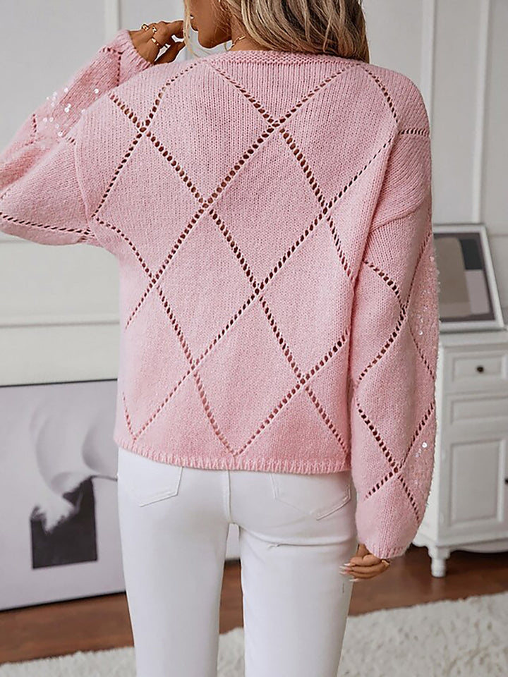 Sparkle top for women, elegant sequin sweater with a luxurious diamond pattern. Comfortable long sleeve crew neck.