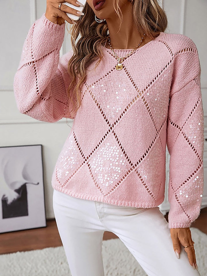 Glamorous women's sequin sweater, comfortable & stylish with a radiant diamond sparkle pattern. Perfect party top.